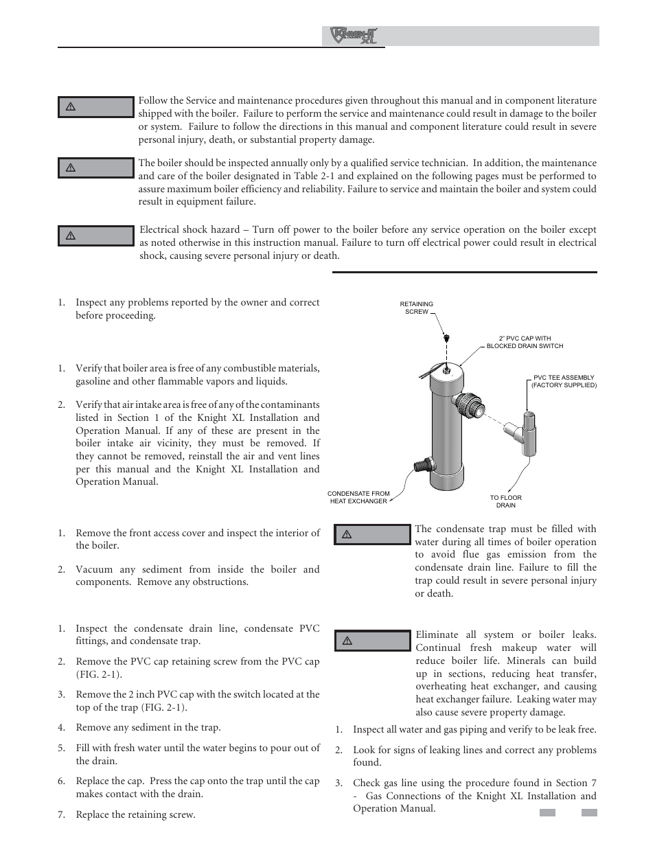 Maintenance, Address reported problems, Inspect boiler area | Inspect boiler interior, Clean condensate trap, Check all piping for leaks | Lochinvar KNIGHT 801 User Manual | Page 29 / 48