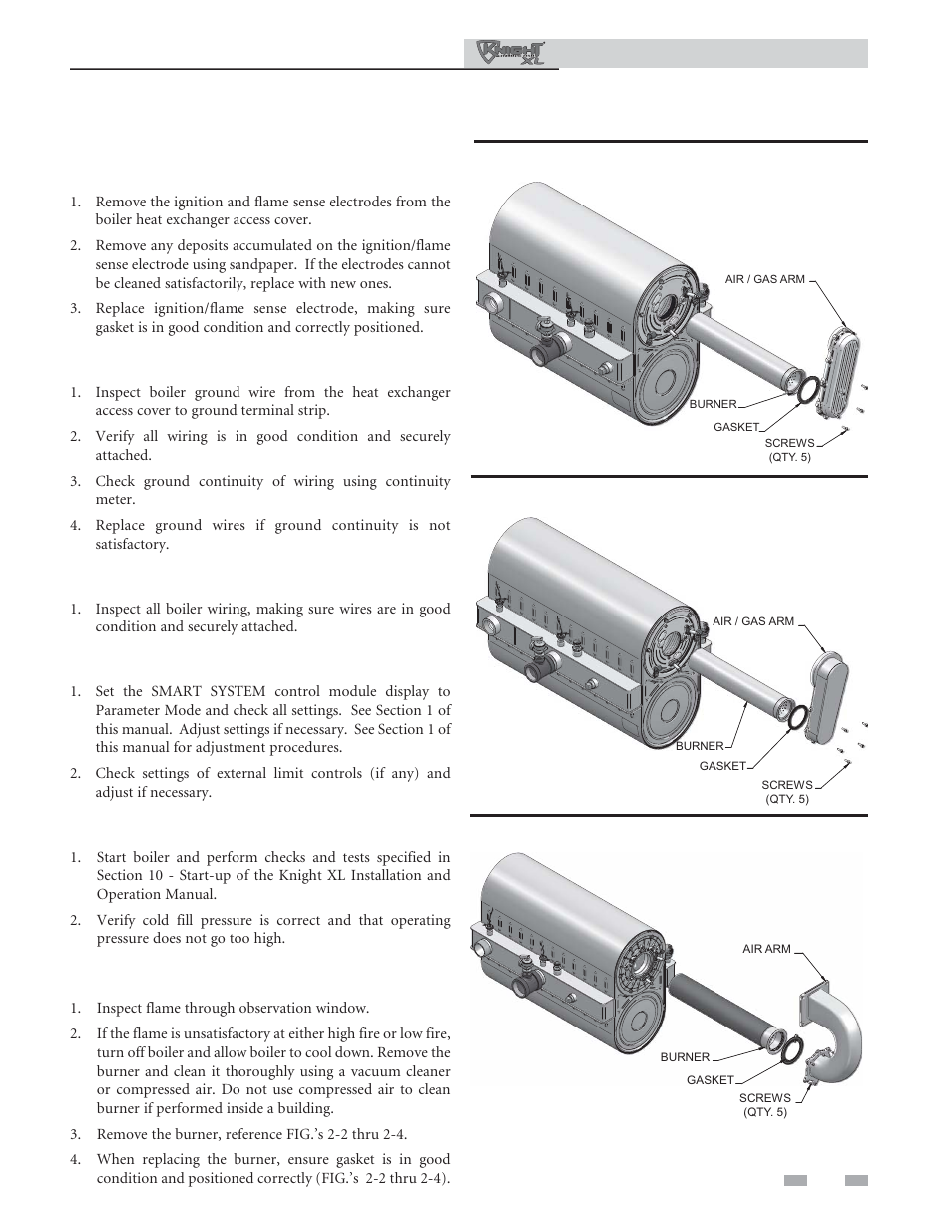 Maintenance, Inspect ignition and flame sense electrodes, Check ignition ground wiring | Check all boiler wiring, Check control settings, Perform start-up and checks, Check burner flame | Lochinvar KNIGHT 801 User Manual | Page 31 / 48