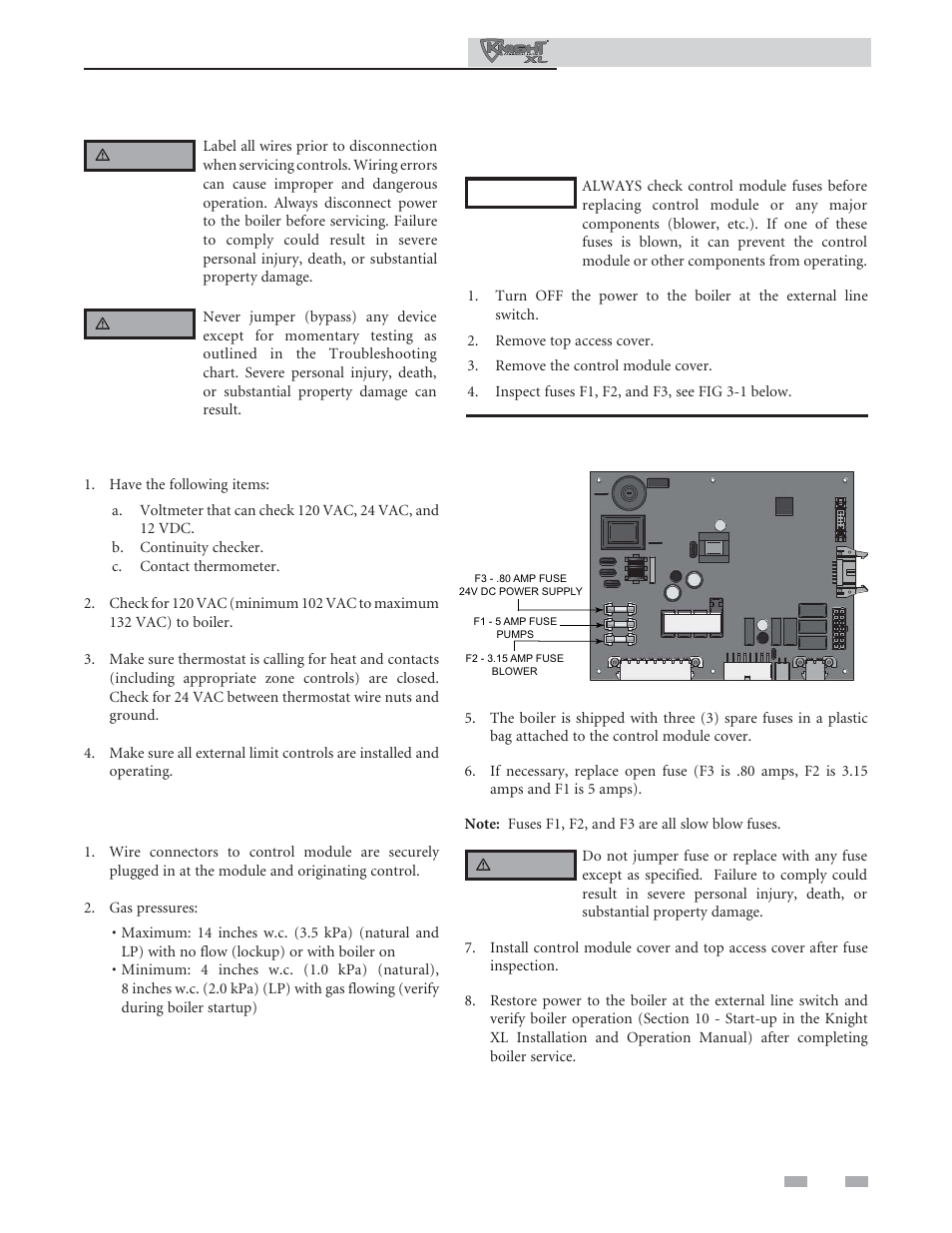 Troubleshooting, Before troubleshooting, Check the following | Check control module fuses | Lochinvar KNIGHT 801 User Manual | Page 33 / 48