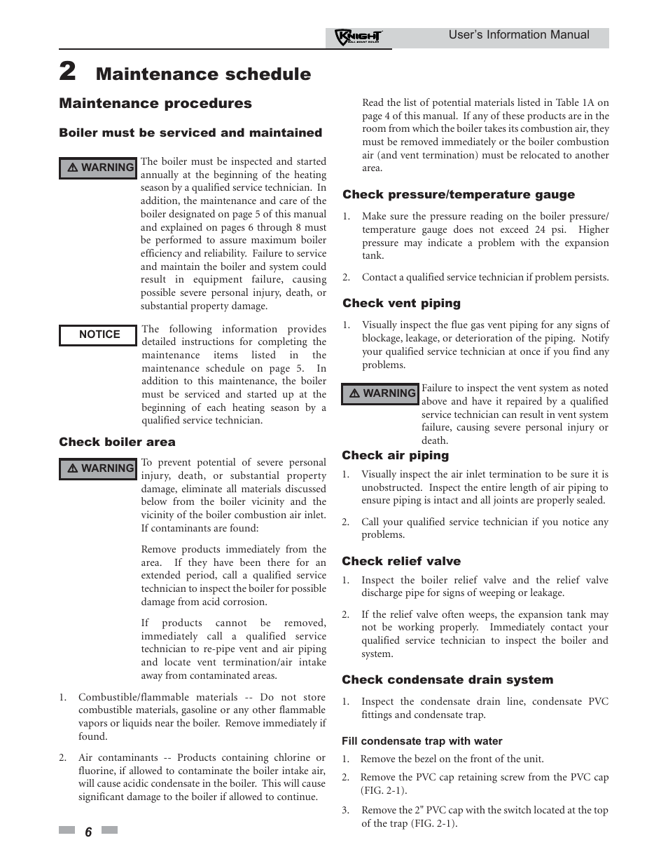 Maintenance schedule, Maintenance procedures | Lochinvar KNIGHT 50 User Manual | Page 6 / 20
