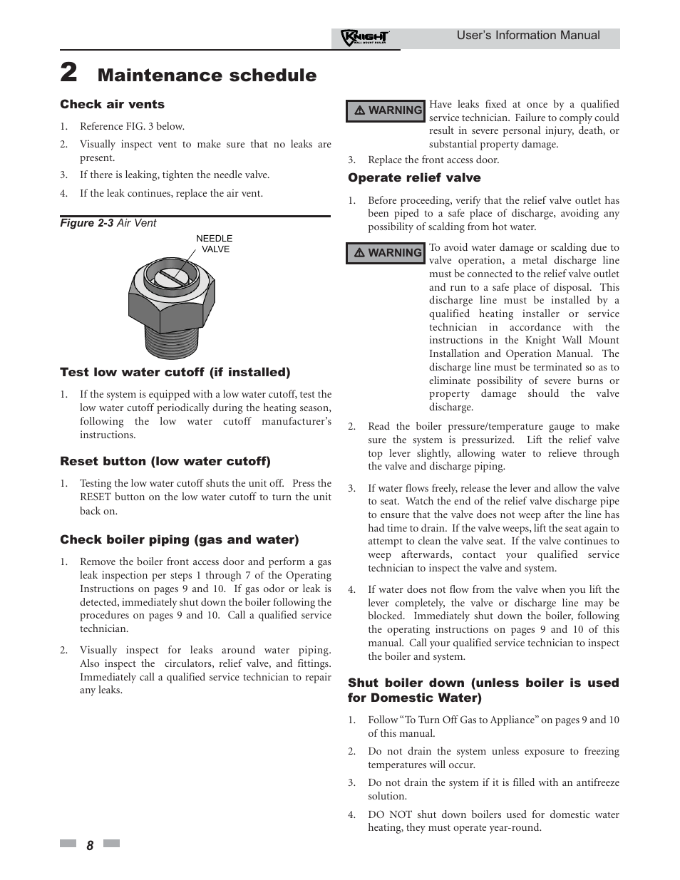 Maintenance schedule | Lochinvar KNIGHT 50 User Manual | Page 8 / 20