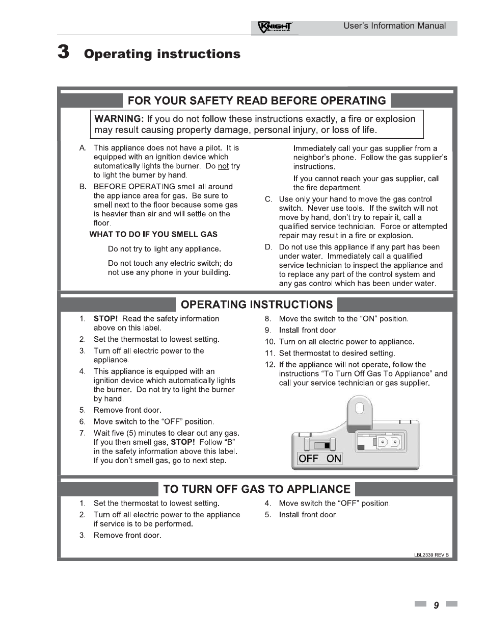 Operating instructions | Lochinvar KNIGHT 50 User Manual | Page 9 / 20