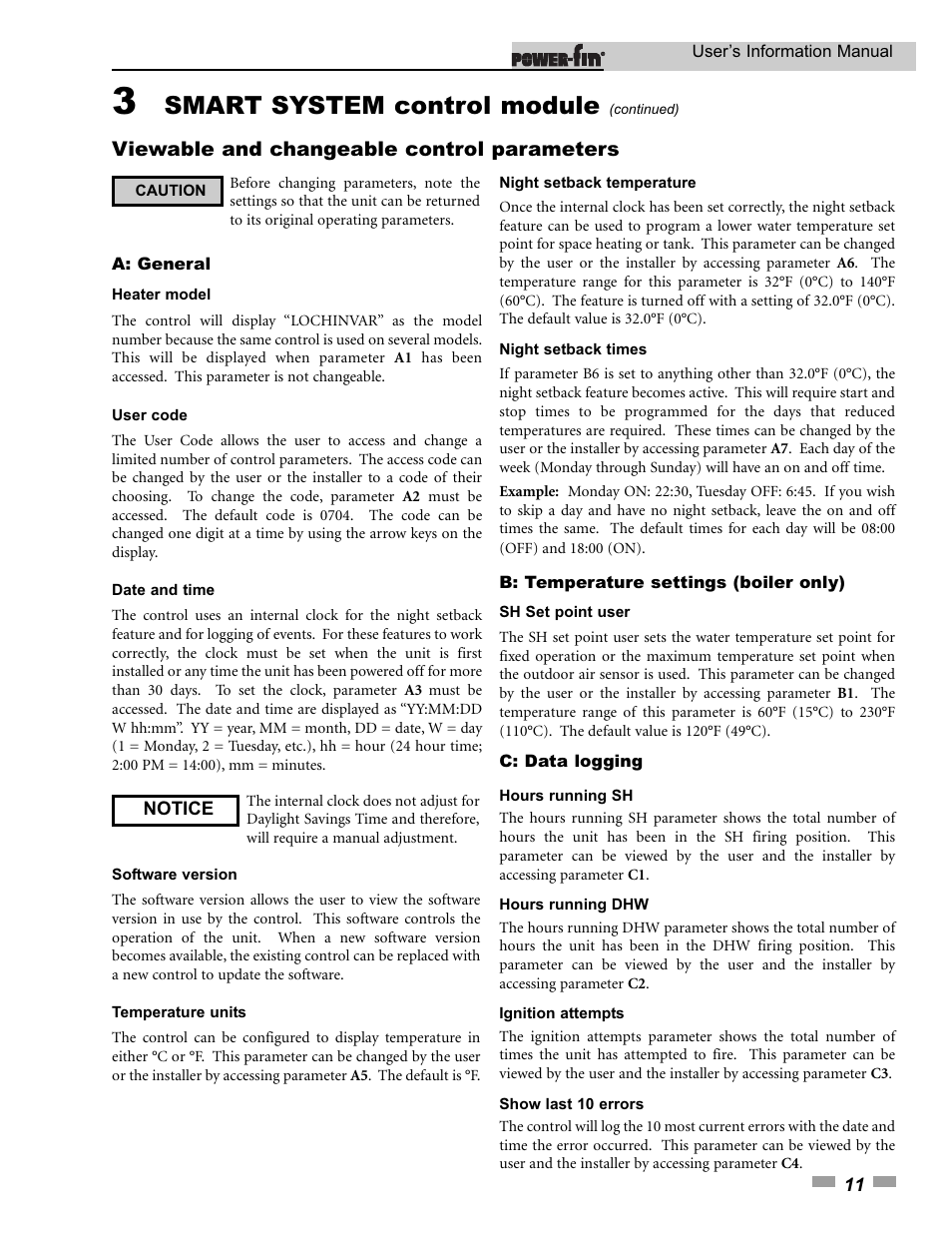 Smart system control module, Viewable and changeable control parameters | Lochinvar 502 User Manual | Page 11 / 16
