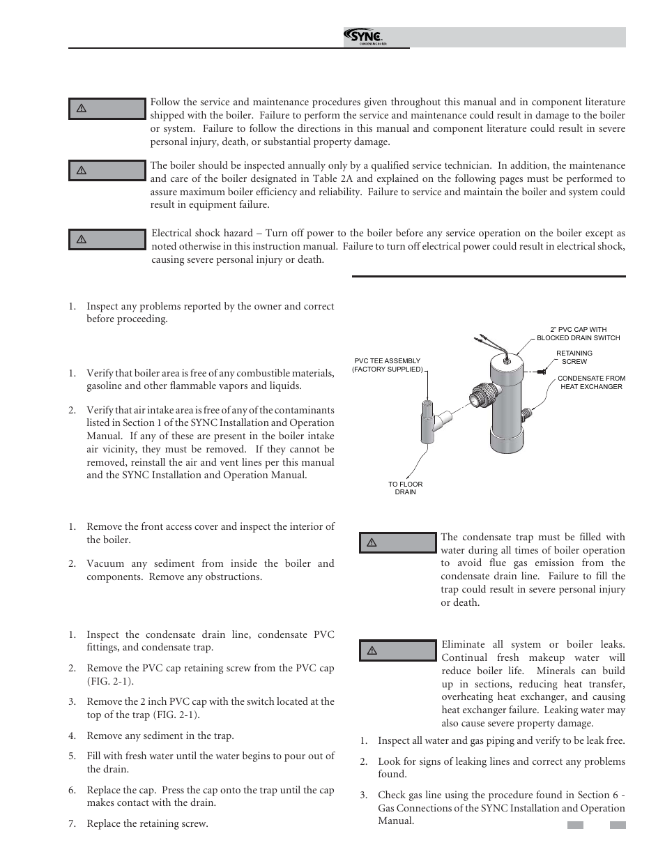 Maintenance, Address reported problems, Inspect boiler area | Inspect boiler interior, Clean condensate trap, Check all piping for leaks | Lochinvar Sync Condensing Boiler 1.3 User Manual | Page 37 / 56