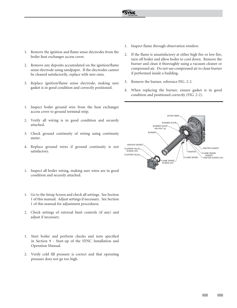 Maintenance, Inspect ignition and flame sense electrodes, Check ignition ground wiring | Check all boiler wiring, Check control settings, Perform start-up and checks, Check burner flame | Lochinvar Sync Condensing Boiler 1.3 User Manual | Page 39 / 56