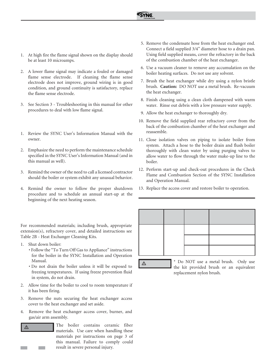Maintenance, Check flame signal, Review with owner | Cleaning boiler heat exchanger | Lochinvar Sync Condensing Boiler 1.3 User Manual | Page 40 / 56