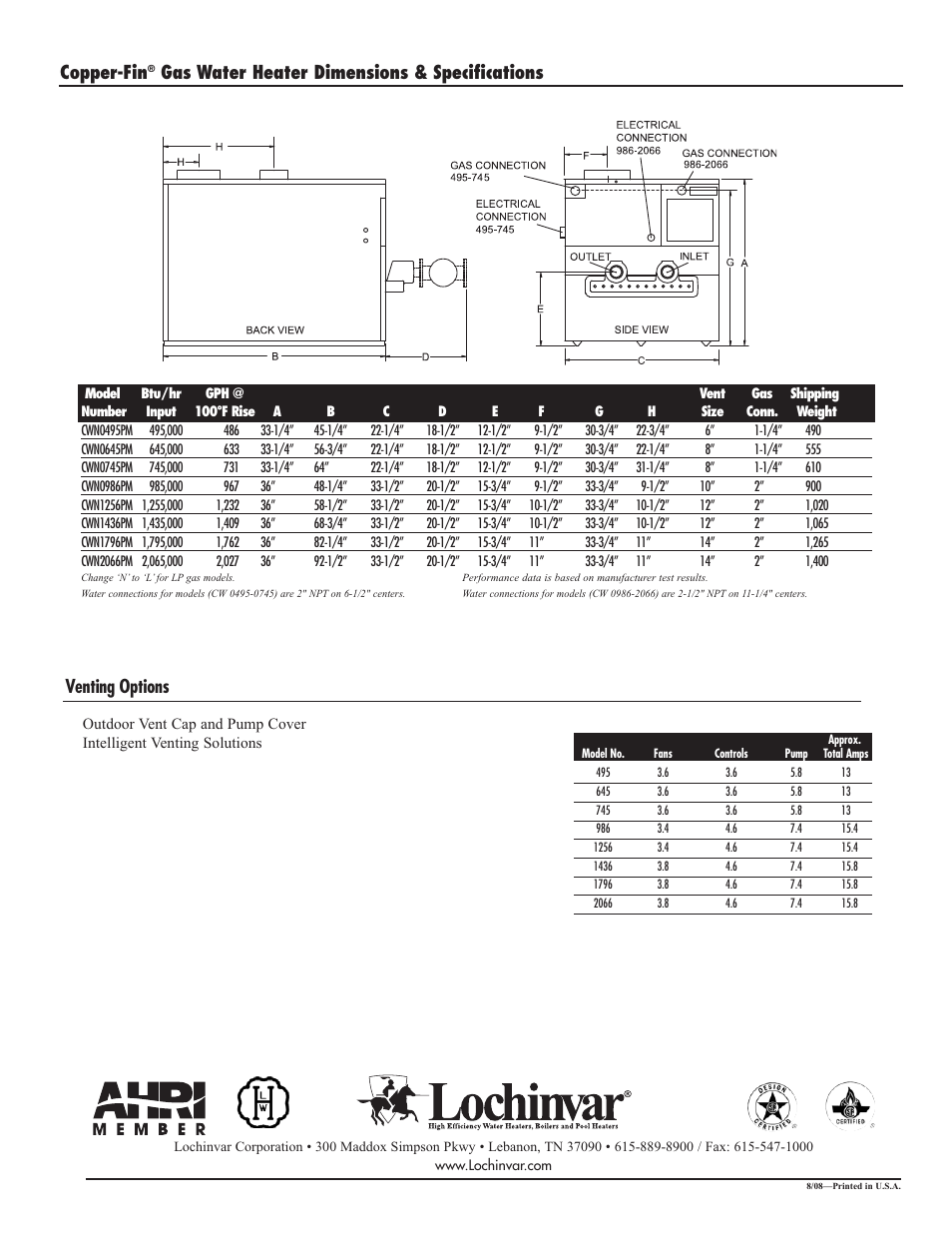 Copper-fin, Gas water heater dimensions & specifications, Venting options | Lochinvar CW495-2066 User Manual | Page 2 / 2