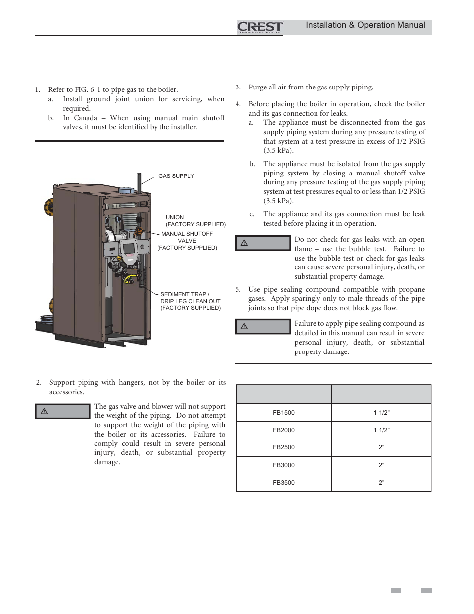 Gas connections, Connecting gas supply piping | Lochinvar CREST 2.5 User Manual | Page 31 / 60