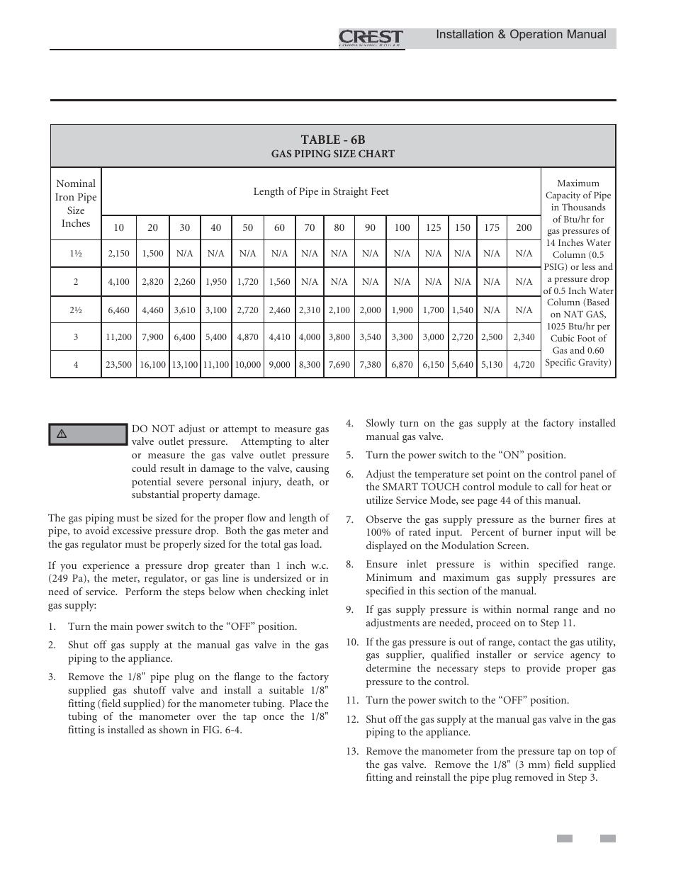 Gas connections, Check inlet gas supply | Lochinvar CREST 2.5 User Manual | Page 33 / 60