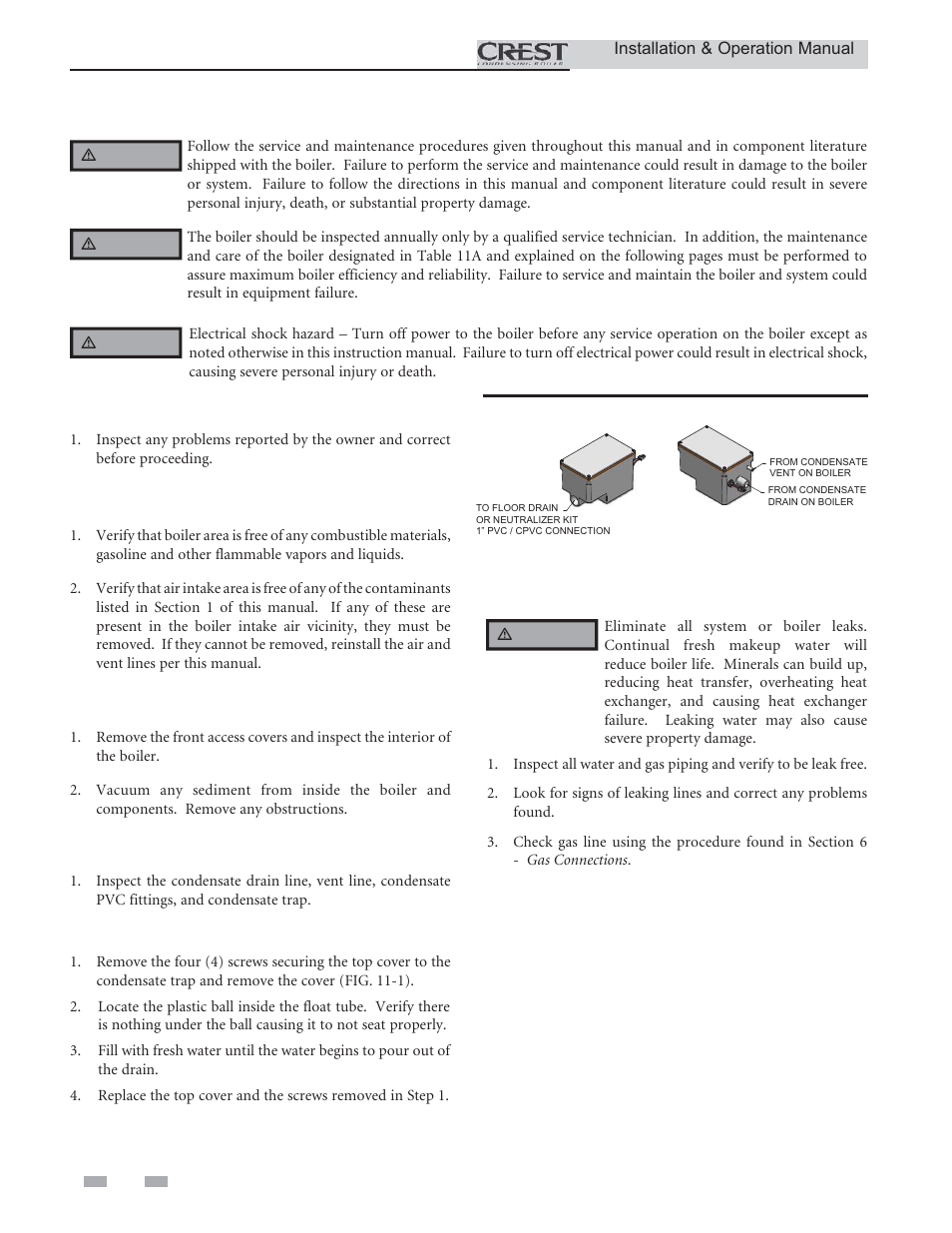 Maintenance, Address reported problems, Inspect boiler area | Inspect boiler interior, Clean condensate trap, Check all piping for leaks | Lochinvar CREST 2.5 User Manual | Page 54 / 60