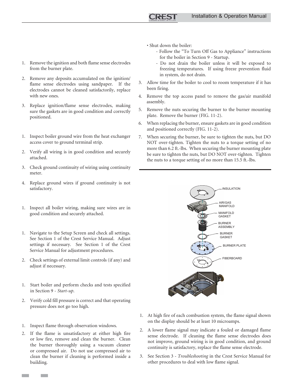 Maintenance, Inspect ignition and flame sense electrodes, Check ignition ground wiring | Check all boiler wiring, Check control settings, Perform start-up and checks, Check burner flame, Check flame signal | Lochinvar CREST 2.5 User Manual | Page 56 / 60