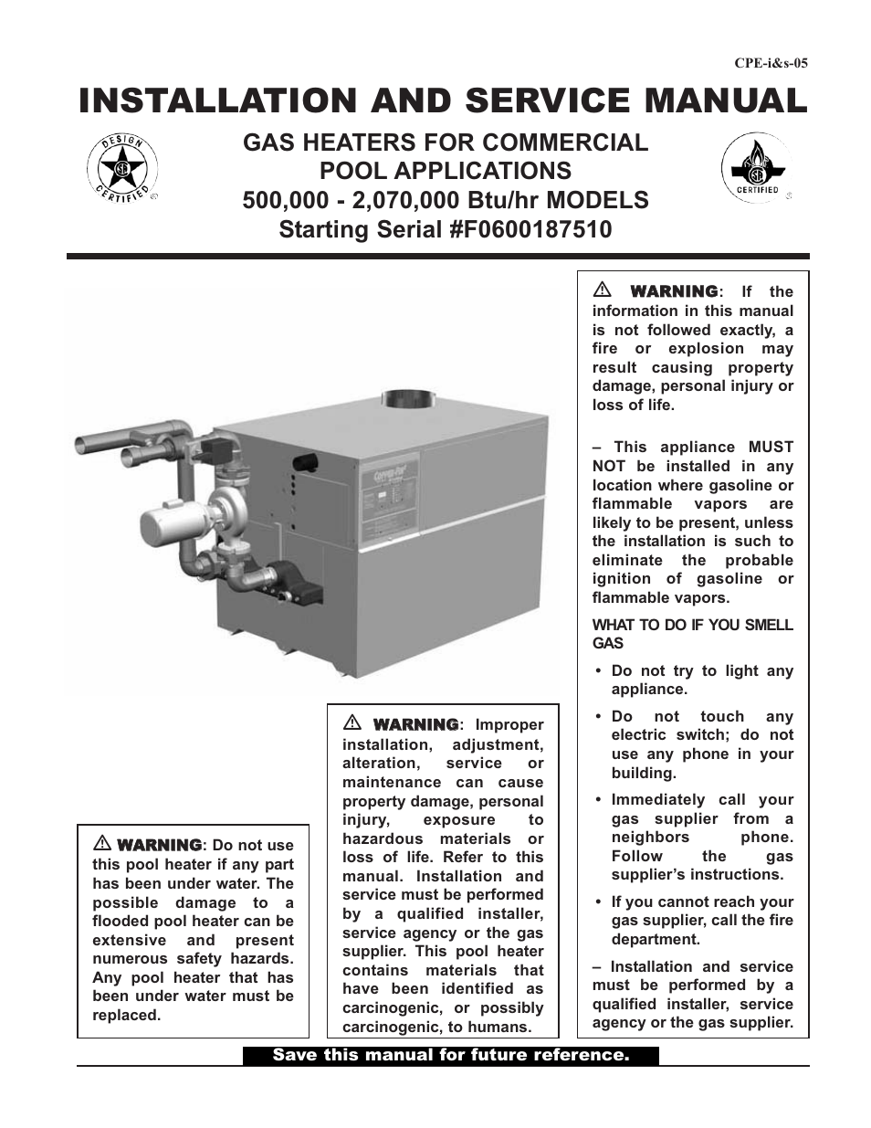 Lochinvar GAS HEATER FOR COMMERICAL POOL APPLICATIONS User Manual | 60 pages