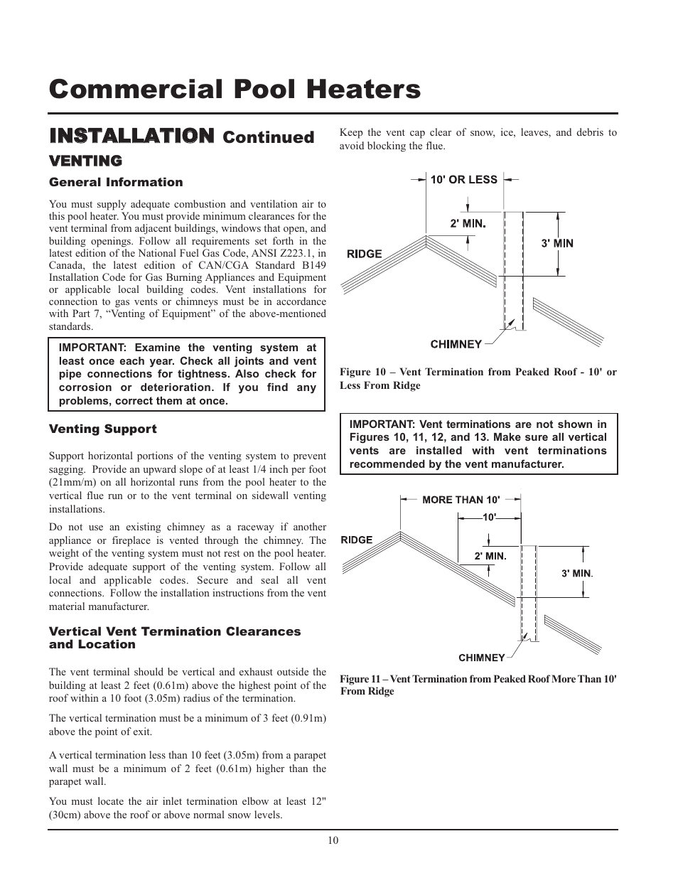 Commercial pool heaters, Iin ns st ta al ll la at tiio on n | Lochinvar GAS HEATER FOR COMMERICAL POOL APPLICATIONS User Manual | Page 10 / 60