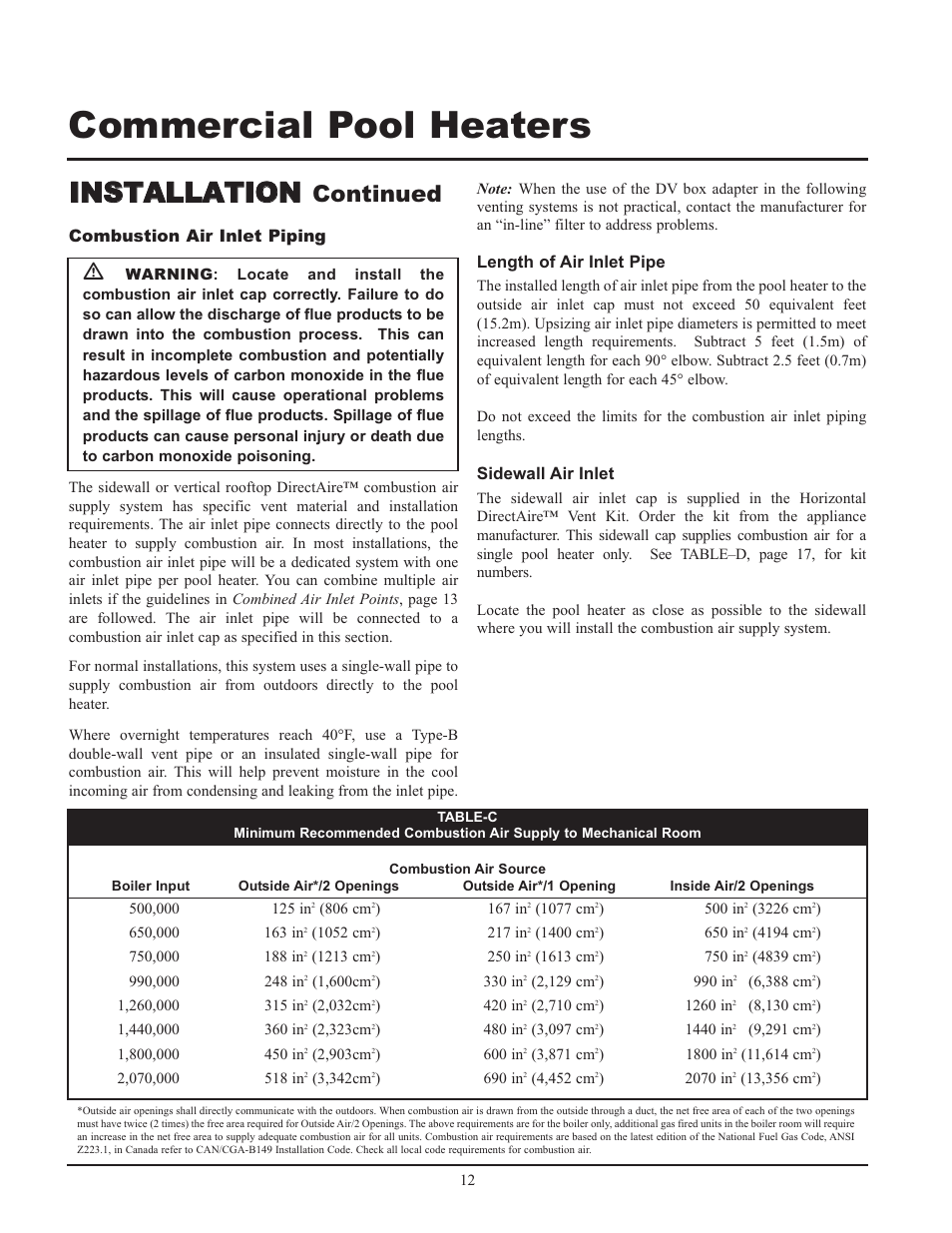 Commercial pool heaters, Iin ns st ta al ll la at tiio on n, Continued | Lochinvar GAS HEATER FOR COMMERICAL POOL APPLICATIONS User Manual | Page 12 / 60