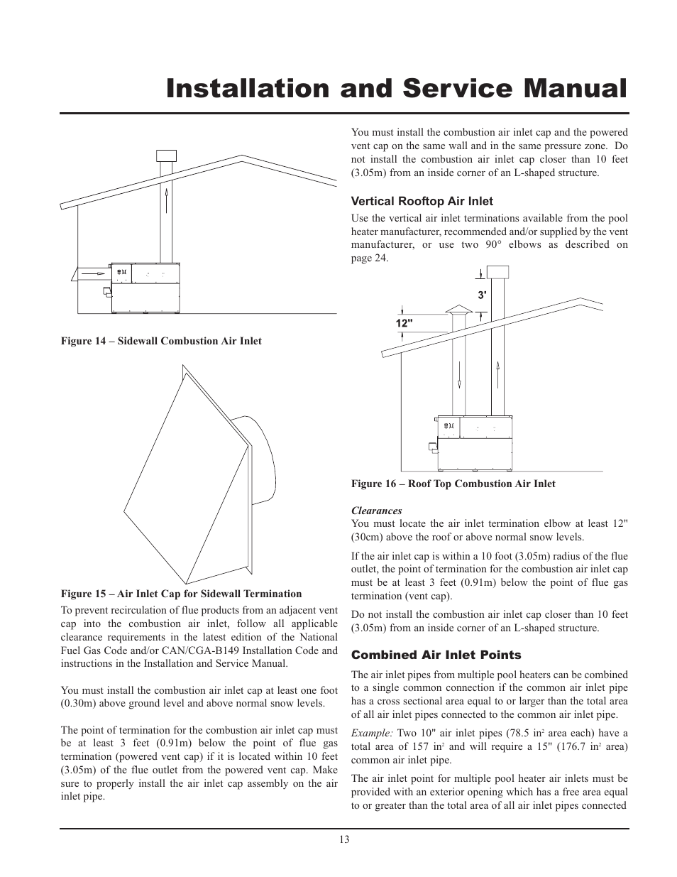 Installation and service manual | Lochinvar GAS HEATER FOR COMMERICAL POOL APPLICATIONS User Manual | Page 13 / 60