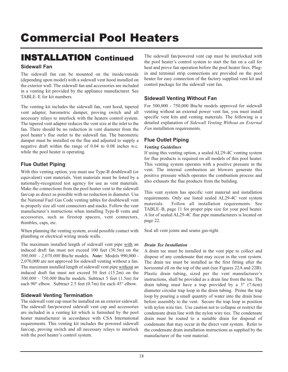 Commercial pool heaters, Iin ns st ta al ll la at tiio on n | Lochinvar GAS HEATER FOR COMMERICAL POOL APPLICATIONS User Manual | Page 18 / 60