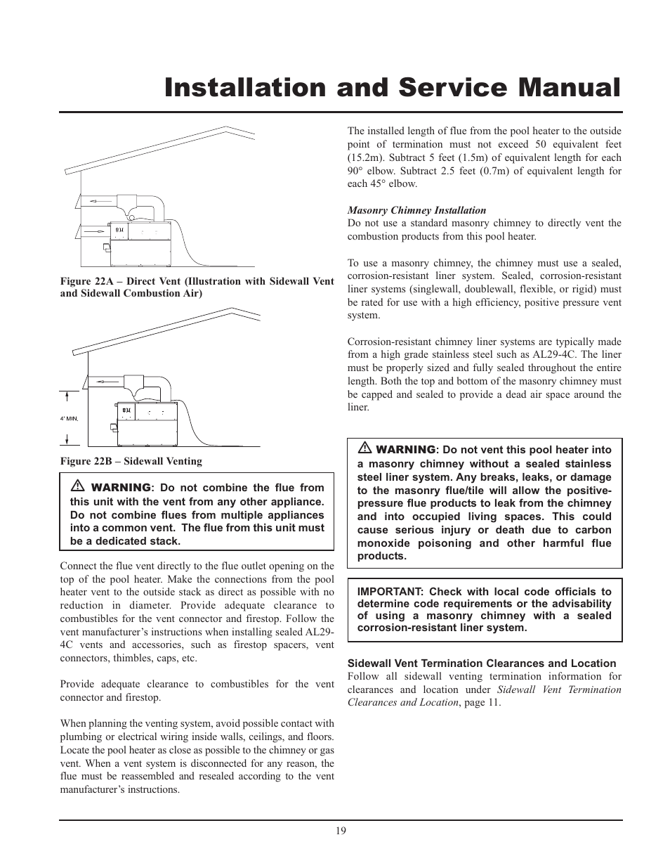 Installation and service manual | Lochinvar GAS HEATER FOR COMMERICAL POOL APPLICATIONS User Manual | Page 19 / 60