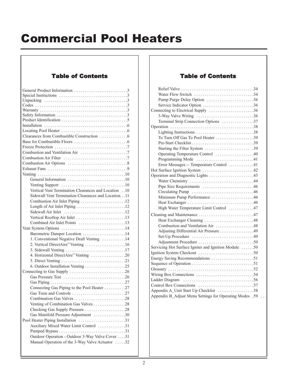 Commercial pool heaters | Lochinvar GAS HEATER FOR COMMERICAL POOL APPLICATIONS User Manual | Page 2 / 60
