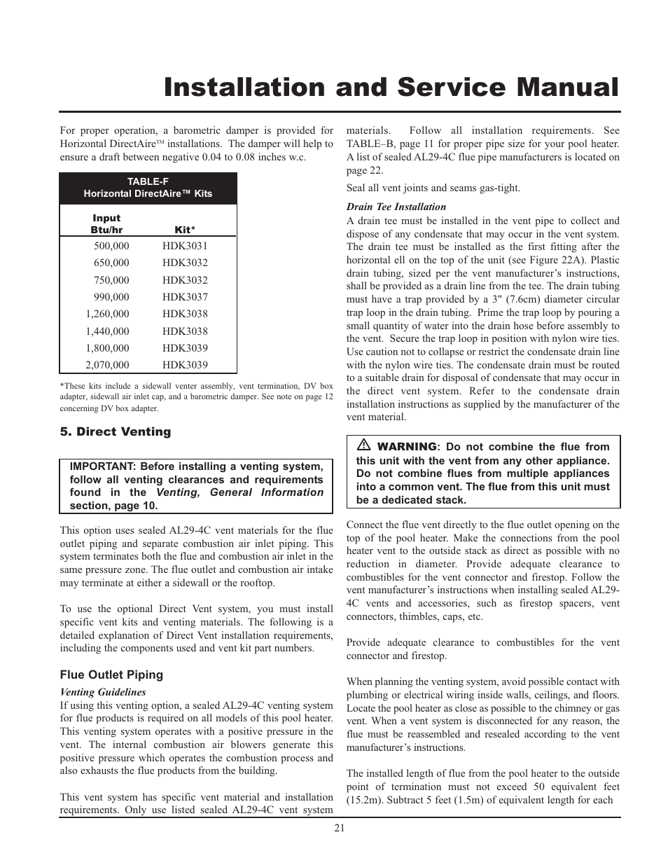 Installation and service manual | Lochinvar GAS HEATER FOR COMMERICAL POOL APPLICATIONS User Manual | Page 21 / 60