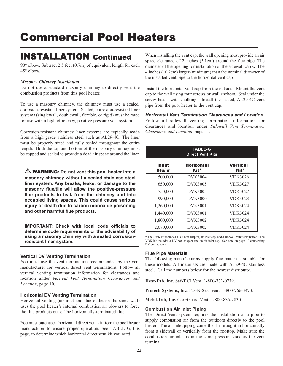 Commercial pool heaters, Iin ns st ta al ll la at tiio on n, Continued | Lochinvar GAS HEATER FOR COMMERICAL POOL APPLICATIONS User Manual | Page 22 / 60