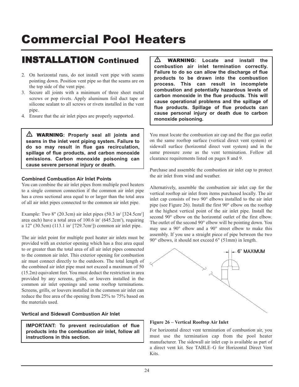 Commercial pool heaters, Iin ns st ta al ll la at tiio on n, Continued | Lochinvar GAS HEATER FOR COMMERICAL POOL APPLICATIONS User Manual | Page 24 / 60