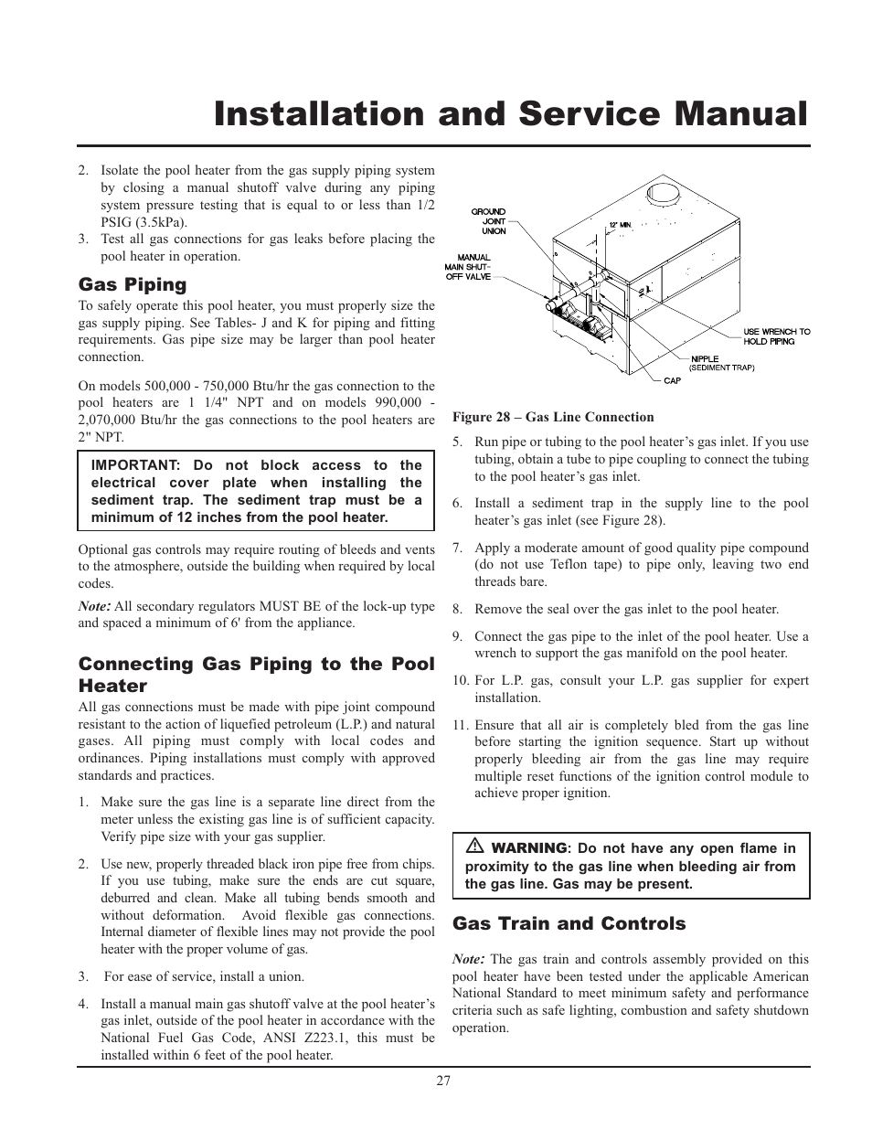 Installation and service manual, Gas piping, Connecting gas piping to the pool heater | Gas train and controls | Lochinvar GAS HEATER FOR COMMERICAL POOL APPLICATIONS User Manual | Page 27 / 60