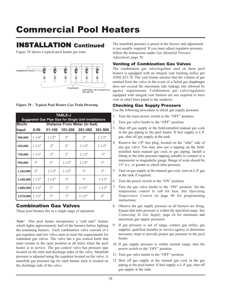 Commercial pool heaters, Iin ns st ta al ll la at tiio on n, Continued | Combination gas valves | Lochinvar GAS HEATER FOR COMMERICAL POOL APPLICATIONS User Manual | Page 28 / 60