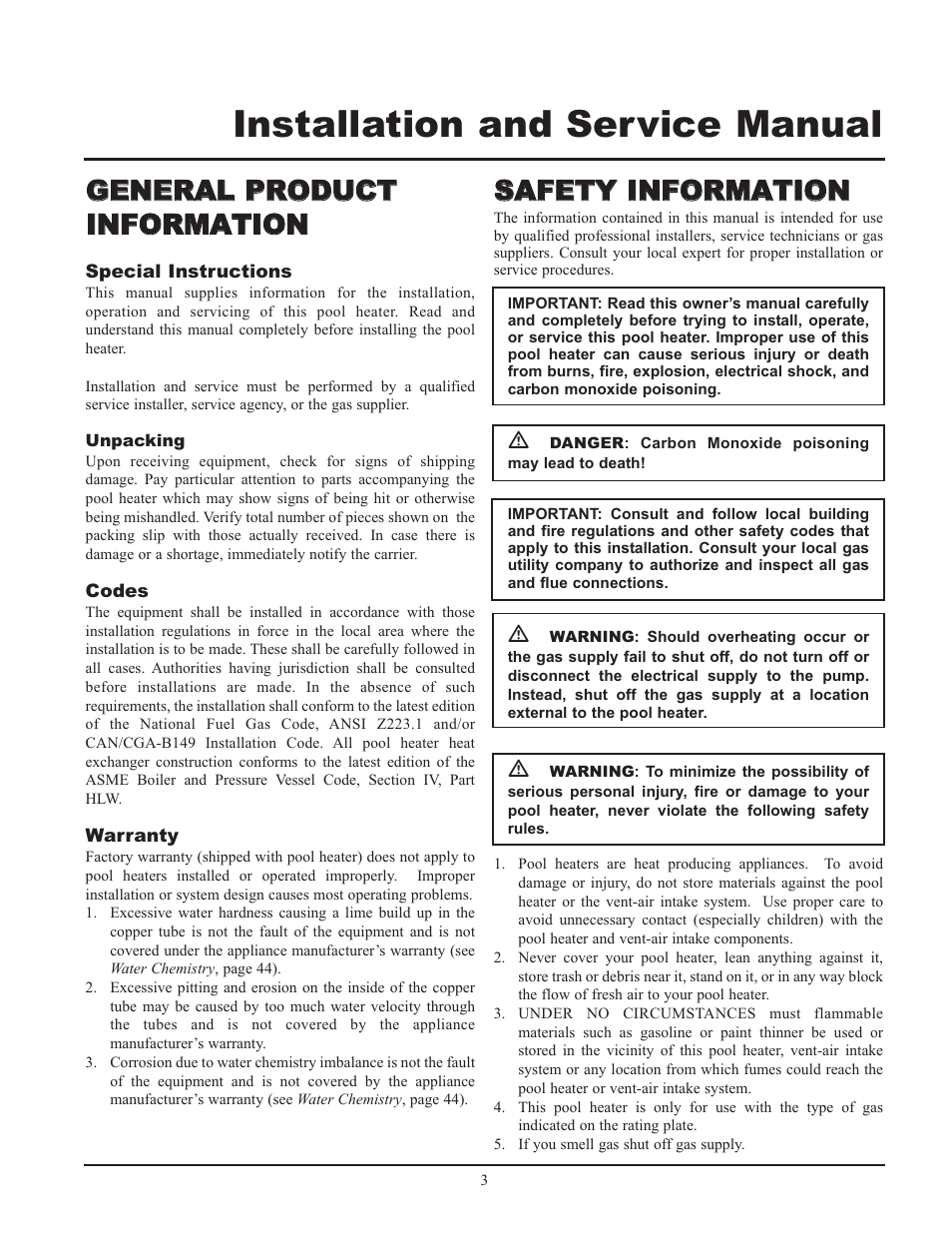 Installation and service manual, Ssa af fe et ty y iin nf fo or rm ma at tiio on n | Lochinvar GAS HEATER FOR COMMERICAL POOL APPLICATIONS User Manual | Page 3 / 60