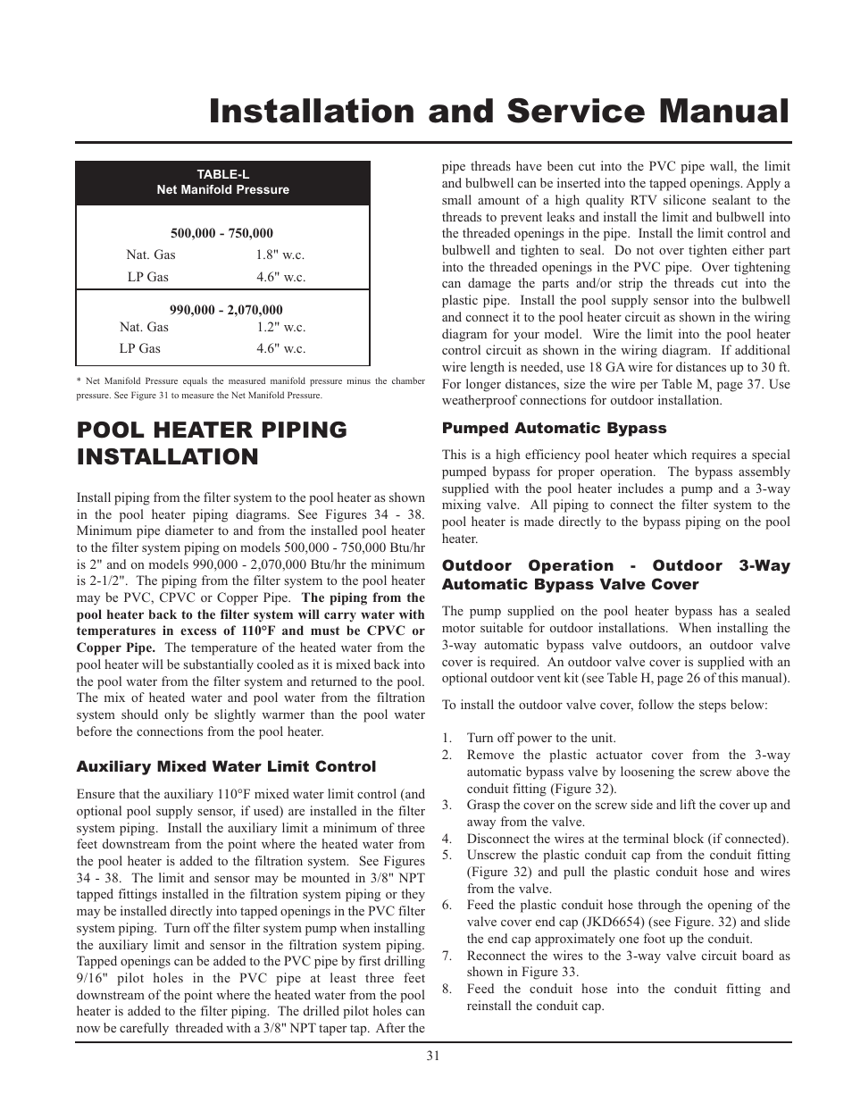 Installation and service manual, Pool heater piping installation | Lochinvar GAS HEATER FOR COMMERICAL POOL APPLICATIONS User Manual | Page 31 / 60