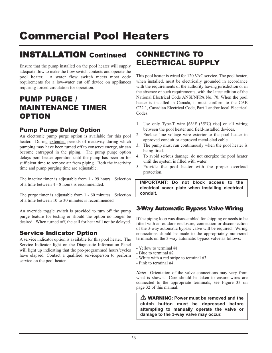 Commercial pool heaters, Iin ns st ta al ll la at tiio on n, Pump purge / maintenance timer option | Connecting to electrical supply | Lochinvar GAS HEATER FOR COMMERICAL POOL APPLICATIONS User Manual | Page 36 / 60