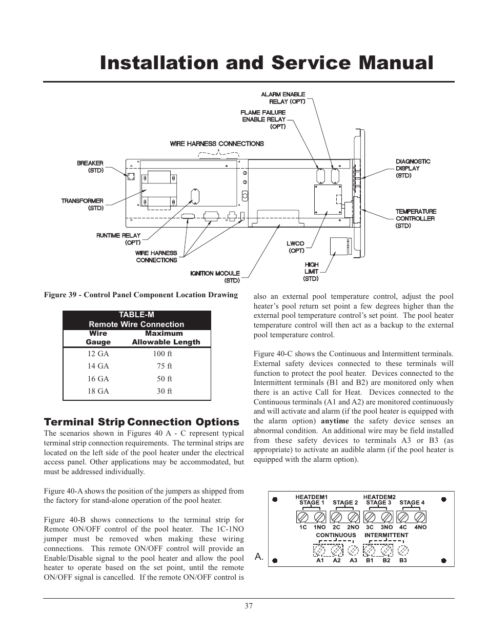 Installation and service manual, Terminal strip connection options | Lochinvar GAS HEATER FOR COMMERICAL POOL APPLICATIONS User Manual | Page 37 / 60