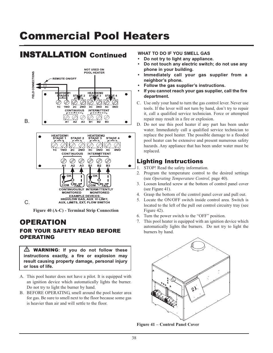 Commercial pool heaters, Iin ns st ta al ll la at tiio on n, Operation | Continued | Lochinvar GAS HEATER FOR COMMERICAL POOL APPLICATIONS User Manual | Page 38 / 60