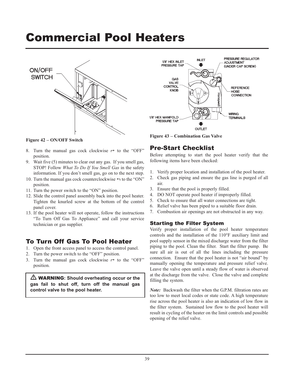 Commercial pool heaters, Pre-start checklist | Lochinvar GAS HEATER FOR COMMERICAL POOL APPLICATIONS User Manual | Page 39 / 60