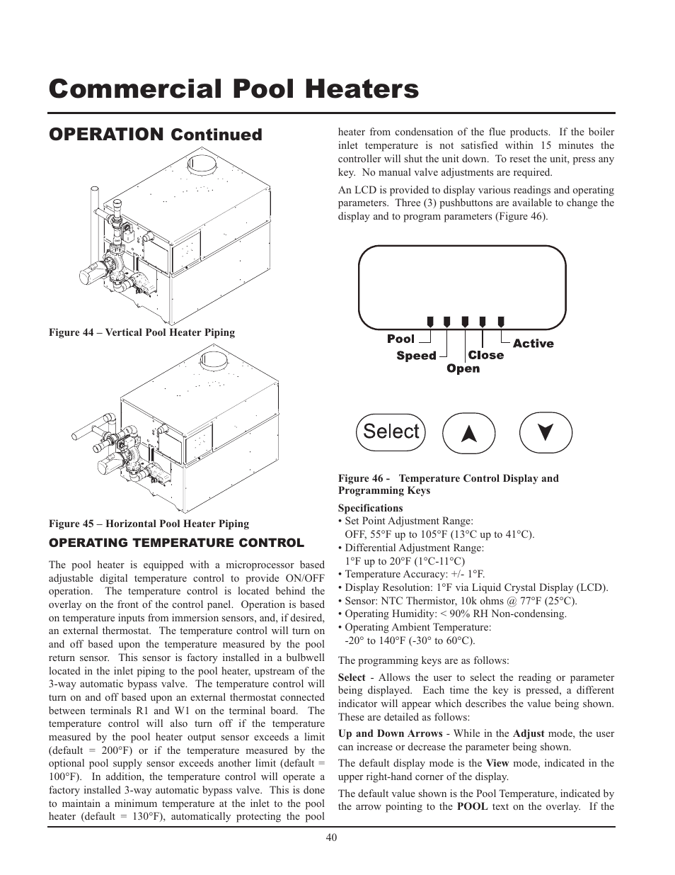 Commercial pool heaters, Operation, Continued | Lochinvar GAS HEATER FOR COMMERICAL POOL APPLICATIONS User Manual | Page 40 / 60
