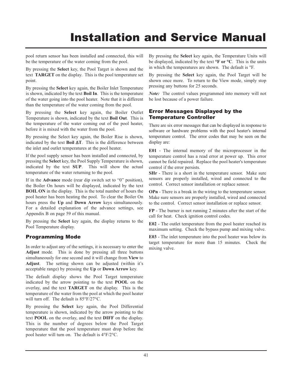 Installation and service manual | Lochinvar GAS HEATER FOR COMMERICAL POOL APPLICATIONS User Manual | Page 41 / 60
