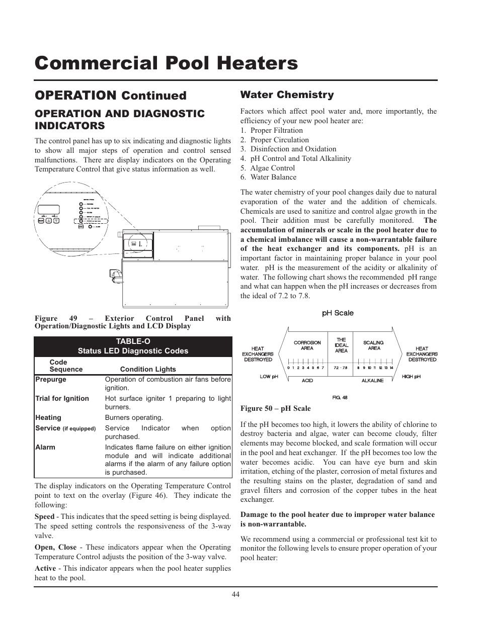 Commercial pool heaters, Operation, Continued | Operation and diagnostic indicators, Water chemistry | Lochinvar GAS HEATER FOR COMMERICAL POOL APPLICATIONS User Manual | Page 44 / 60