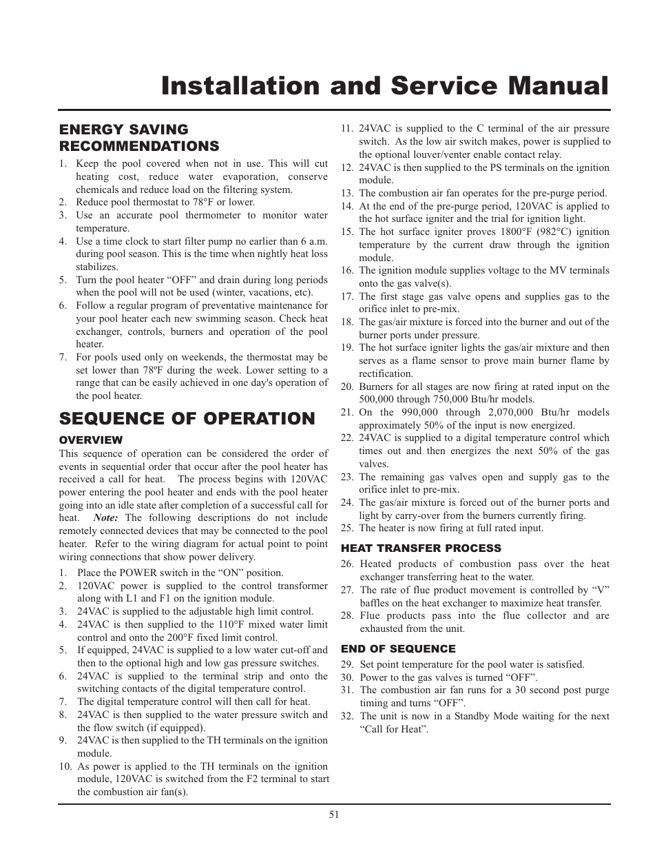 Installation and service manual, Sequence of operation, Energy saving recommendations | Lochinvar GAS HEATER FOR COMMERICAL POOL APPLICATIONS User Manual | Page 51 / 60