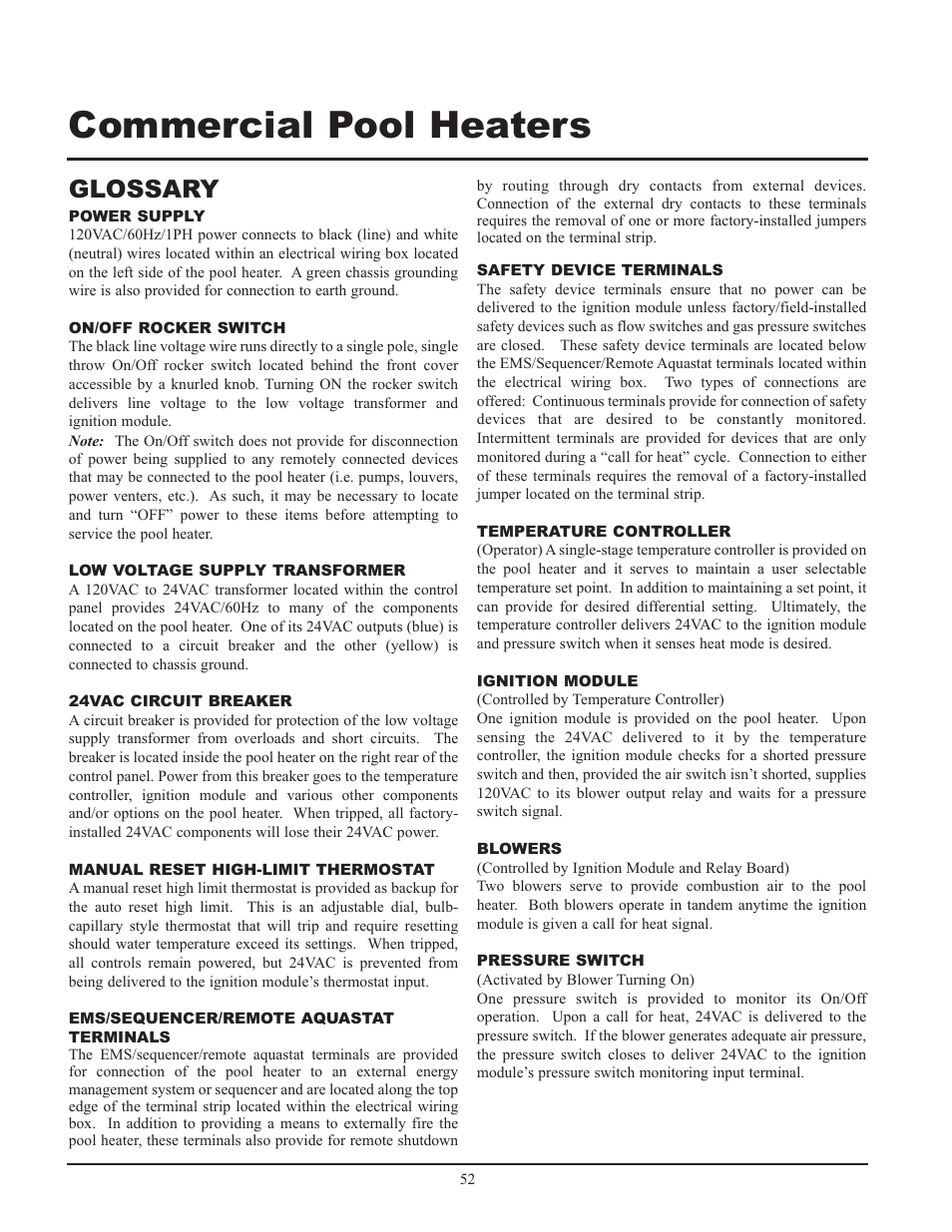 Commercial pool heaters, Glossary | Lochinvar GAS HEATER FOR COMMERICAL POOL APPLICATIONS User Manual | Page 52 / 60