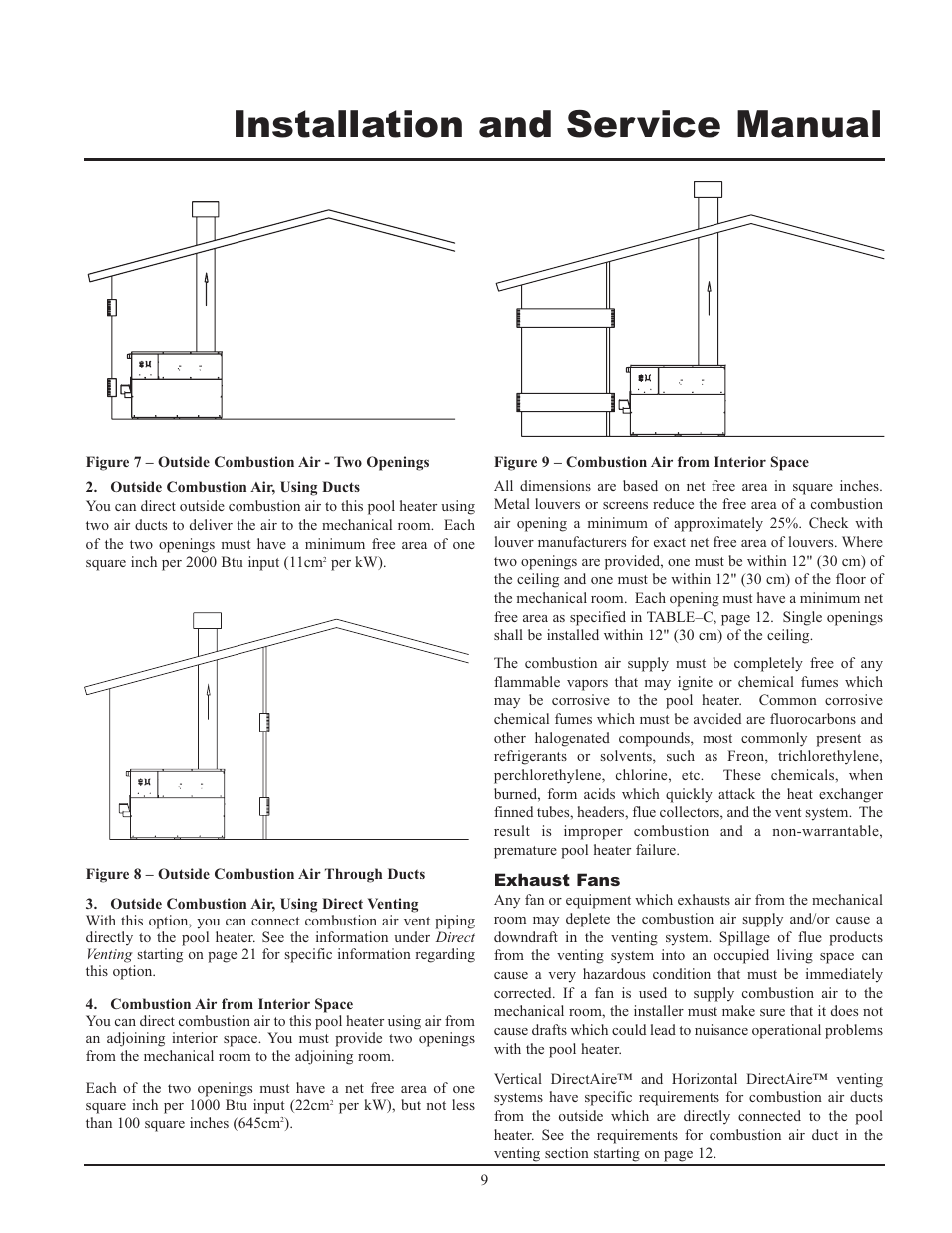 Installation and service manual | Lochinvar GAS HEATER FOR COMMERICAL POOL APPLICATIONS User Manual | Page 9 / 60