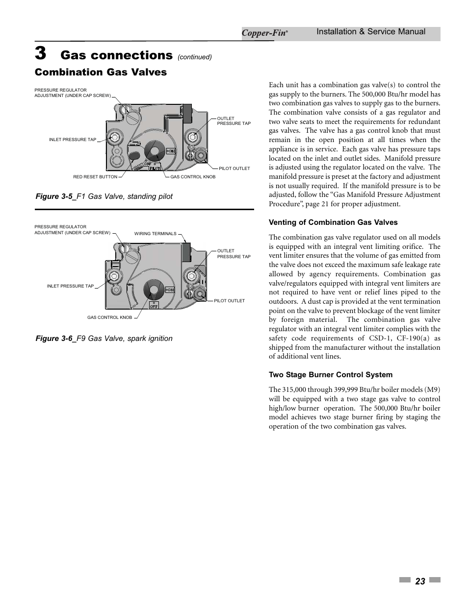 Gas connections, Combination gas valves, Installation & service manual | Lochinvar 000 - 500 User Manual | Page 23 / 68