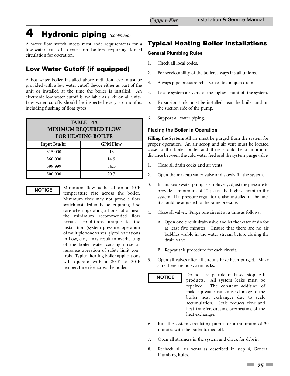 Hydronic piping, Low water cutoff (if equipped), Typical heating boiler installations | Lochinvar 000 - 500 User Manual | Page 25 / 68