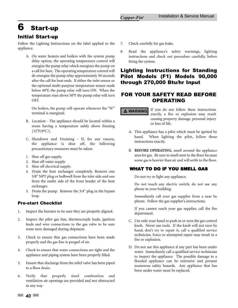 Start-up, Initial start-up | Lochinvar 000 - 500 User Manual | Page 40 / 68