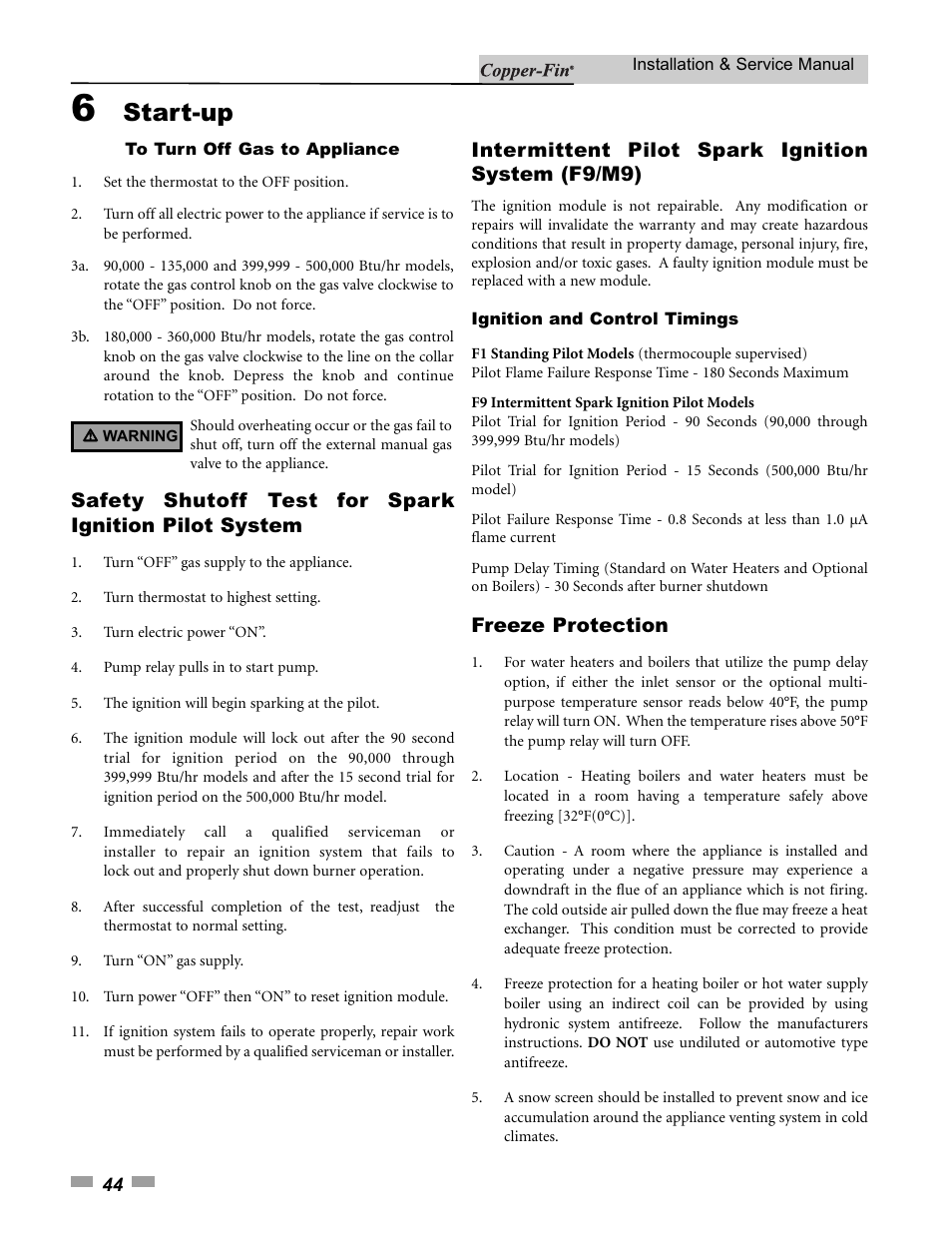 Start-up, Intermittent pilot spark ignition system (f9/m9), Freeze protection | Lochinvar 000 - 500 User Manual | Page 44 / 68