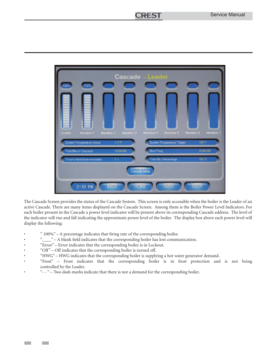 Service, Cascade screen | Lochinvar CREST 3 User Manual | Page 26 / 56