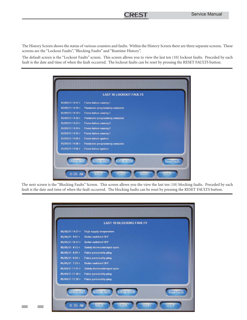 Service, History screen | Lochinvar CREST 3 User Manual | Page 28 / 56