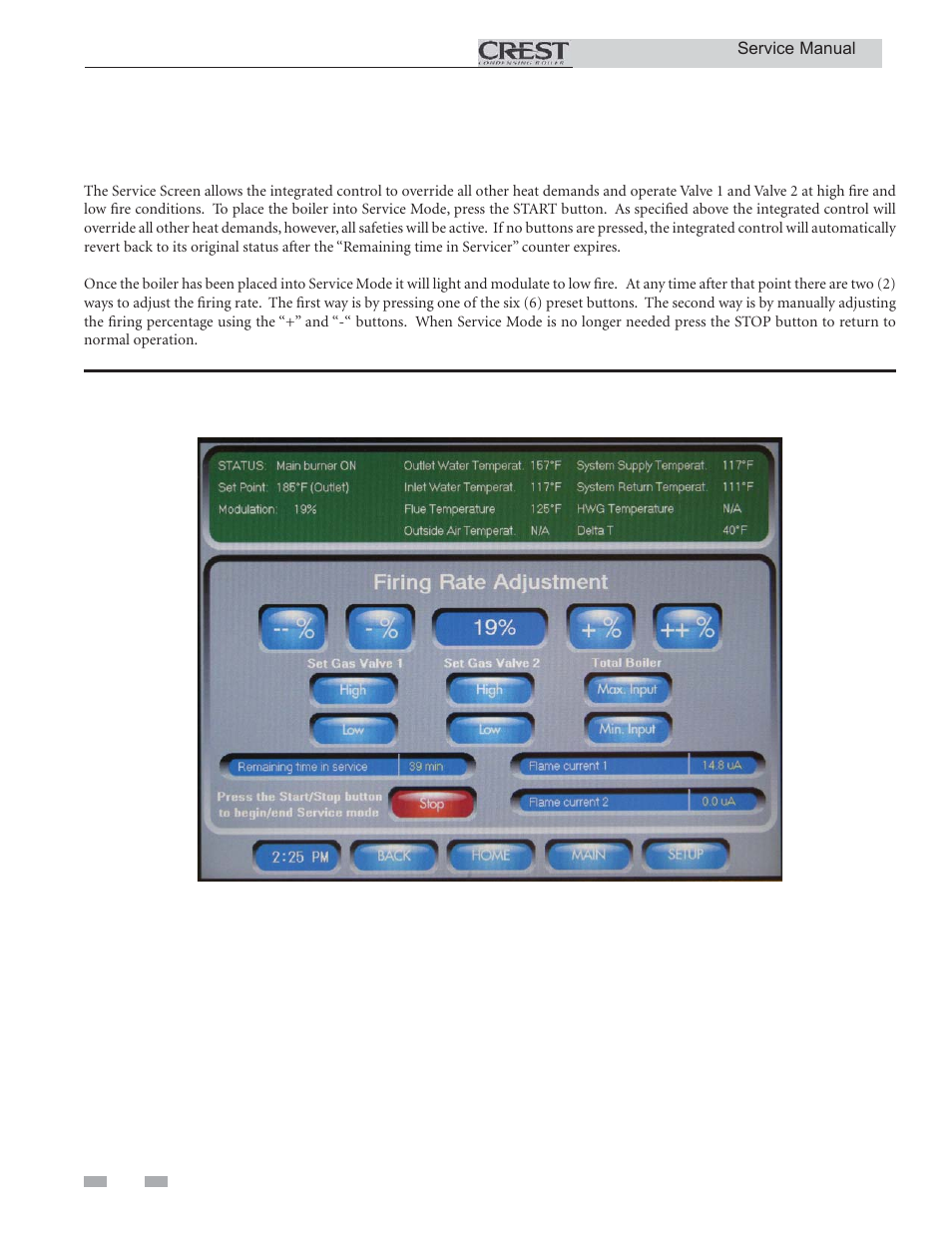 Service, Service screen | Lochinvar CREST 3 User Manual | Page 30 / 56