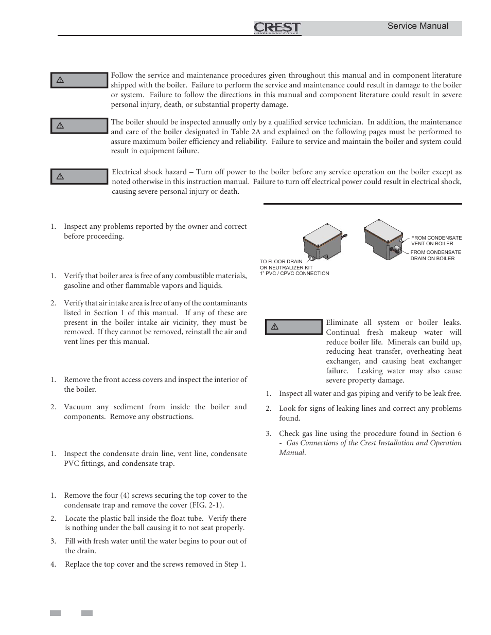 Maintenance, Address reported problems, Inspect boiler area | Inspect boiler interior, Clean condensate trap, Check all piping for leaks | Lochinvar CREST 3 User Manual | Page 32 / 56