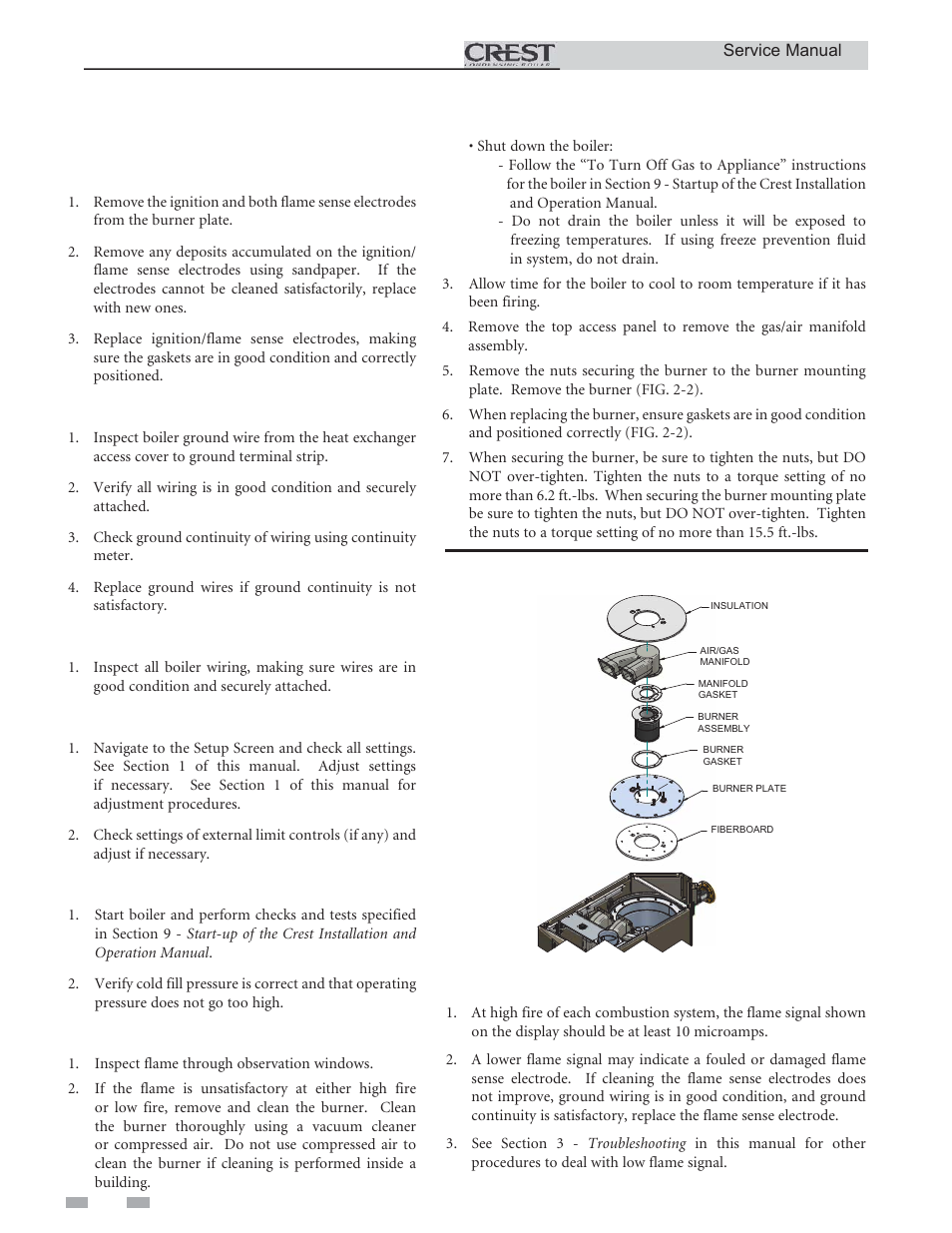 Maintenance, Inspect ignition and flame sense electrodes, Check ignition ground wiring | Check all boiler wiring, Check control settings, Perform start-up and checks, Check burner flame, Check flame signal | Lochinvar CREST 3 User Manual | Page 34 / 56