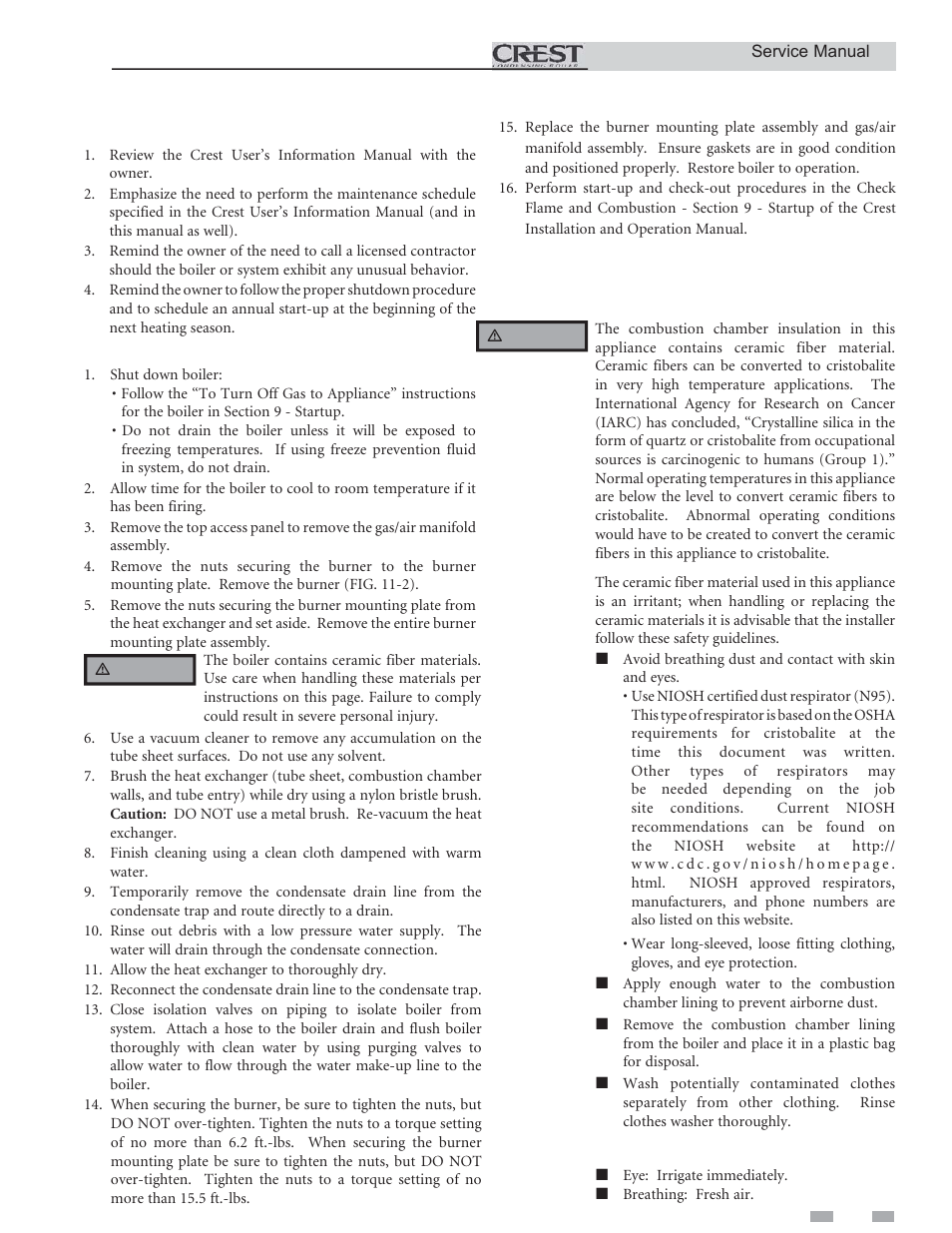 Maintenance, Cleaning boiler heat exchanger, Handling ceramic fiber materials | Review with owner | Lochinvar CREST 3 User Manual | Page 35 / 56
