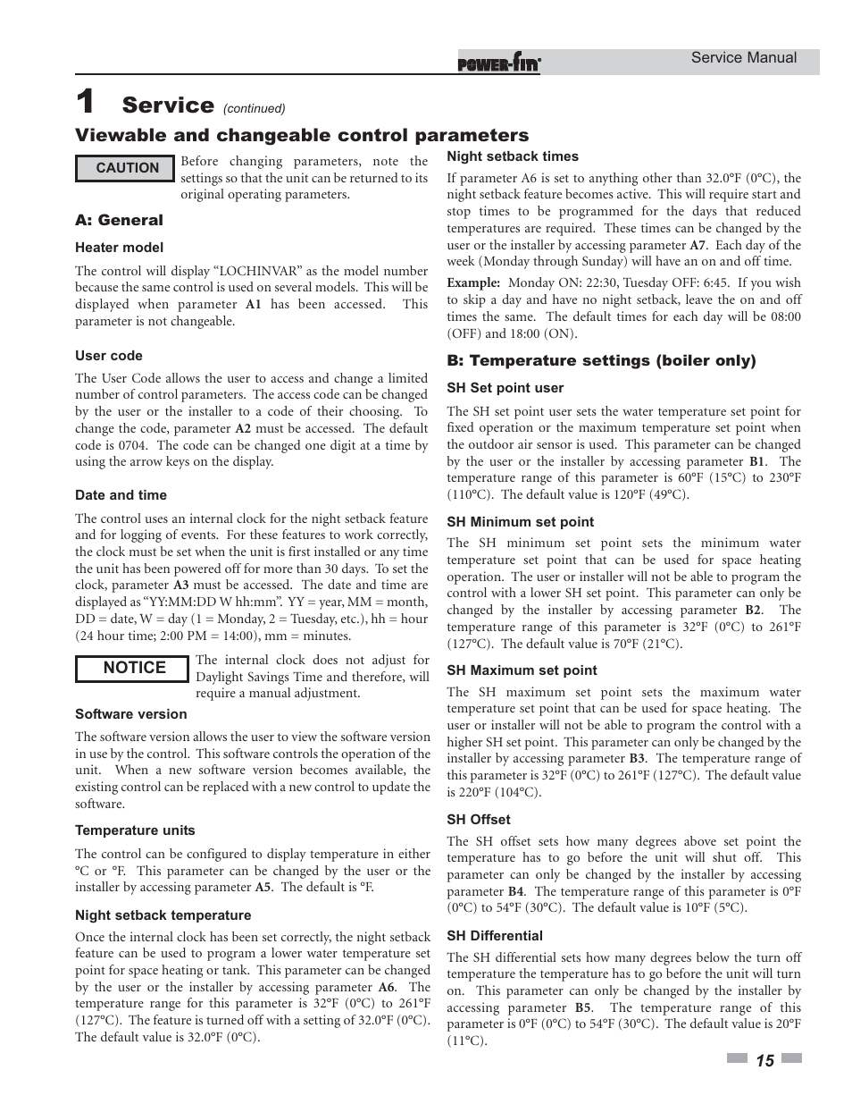 Service, Viewable and changeable control parameters | Lochinvar Power-fin 1701 User Manual | Page 15 / 44